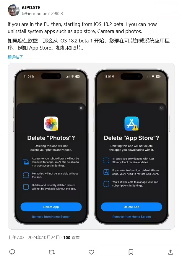 建昌苹果手机维修分享iOS 18.2 支持删除 App Store 应用商店 